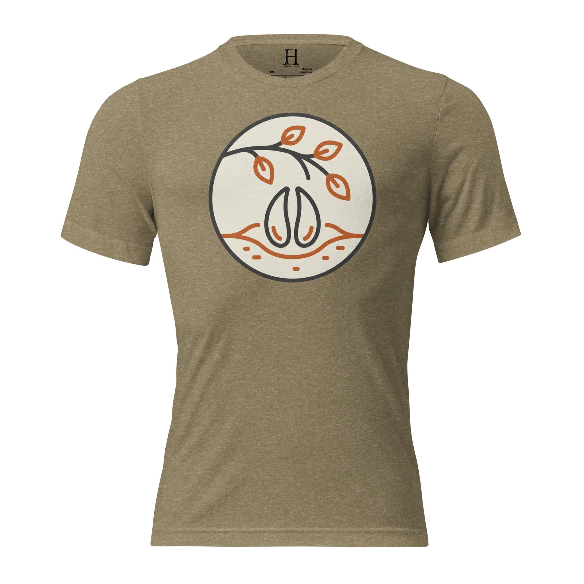Front view of the Men’s Scrape Circle Whitetail Triblend Tee in Olive with scrape circle graphic