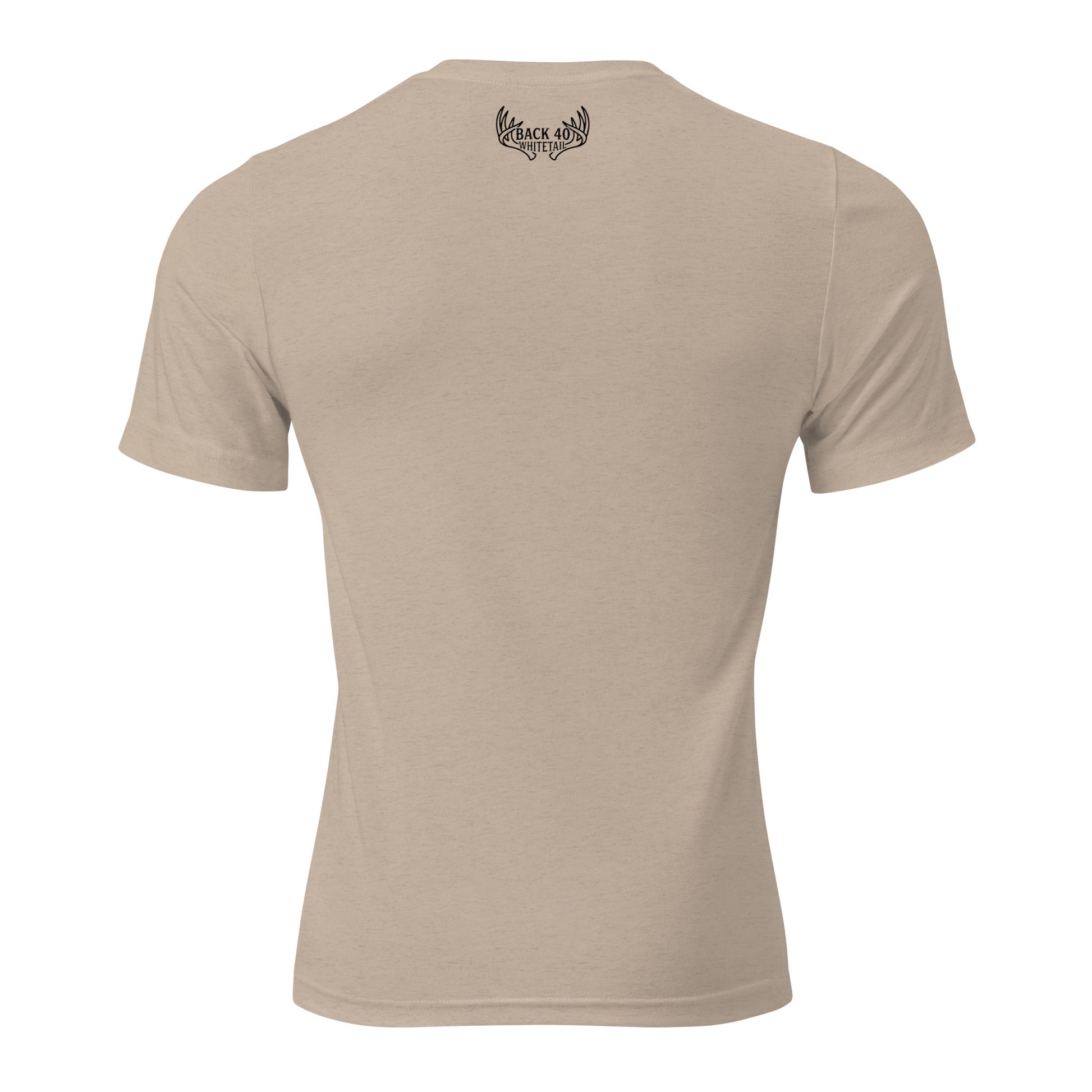 Back view of the Men’s Scrape Circle Whitetail Triblend Tee in Tan with Fearless Harbor back-neck mark