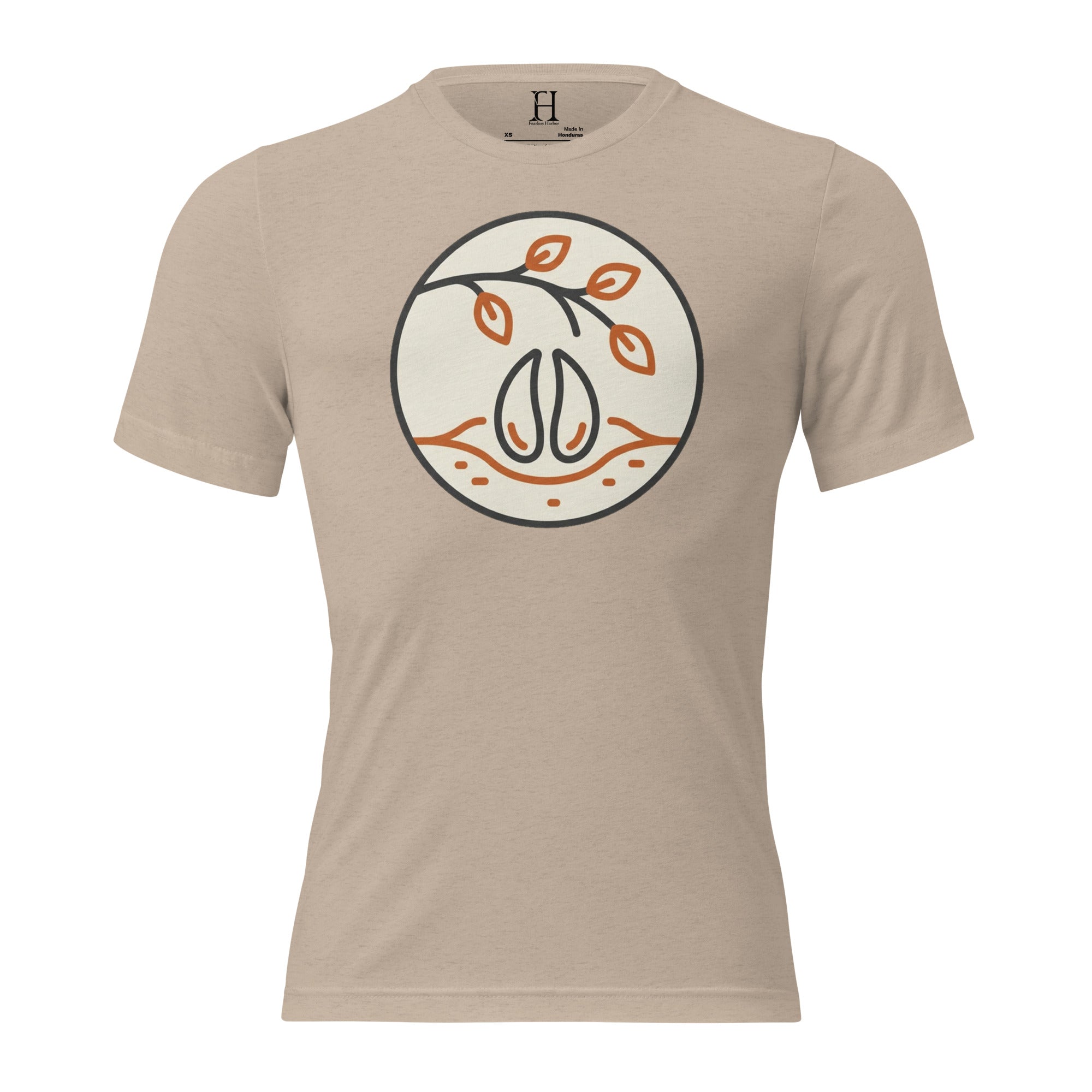 Front view of the Men’s Scrape Circle Whitetail Triblend Tee in Tan featuring the scrape circle design