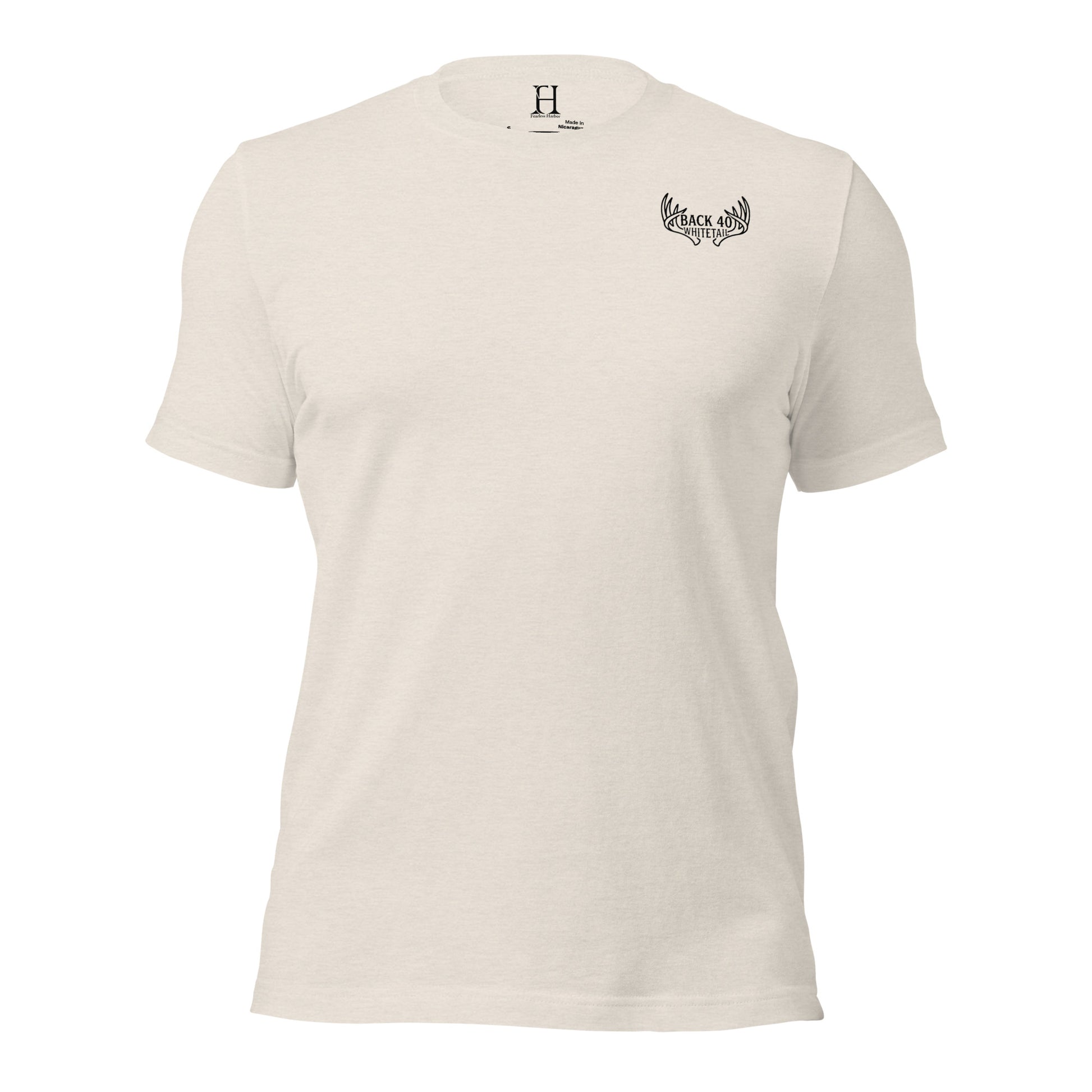 Front view of the Men's Scrape Circle Whitetail Staple Tee in Heather Dust with Fearless Harbor chest emblem