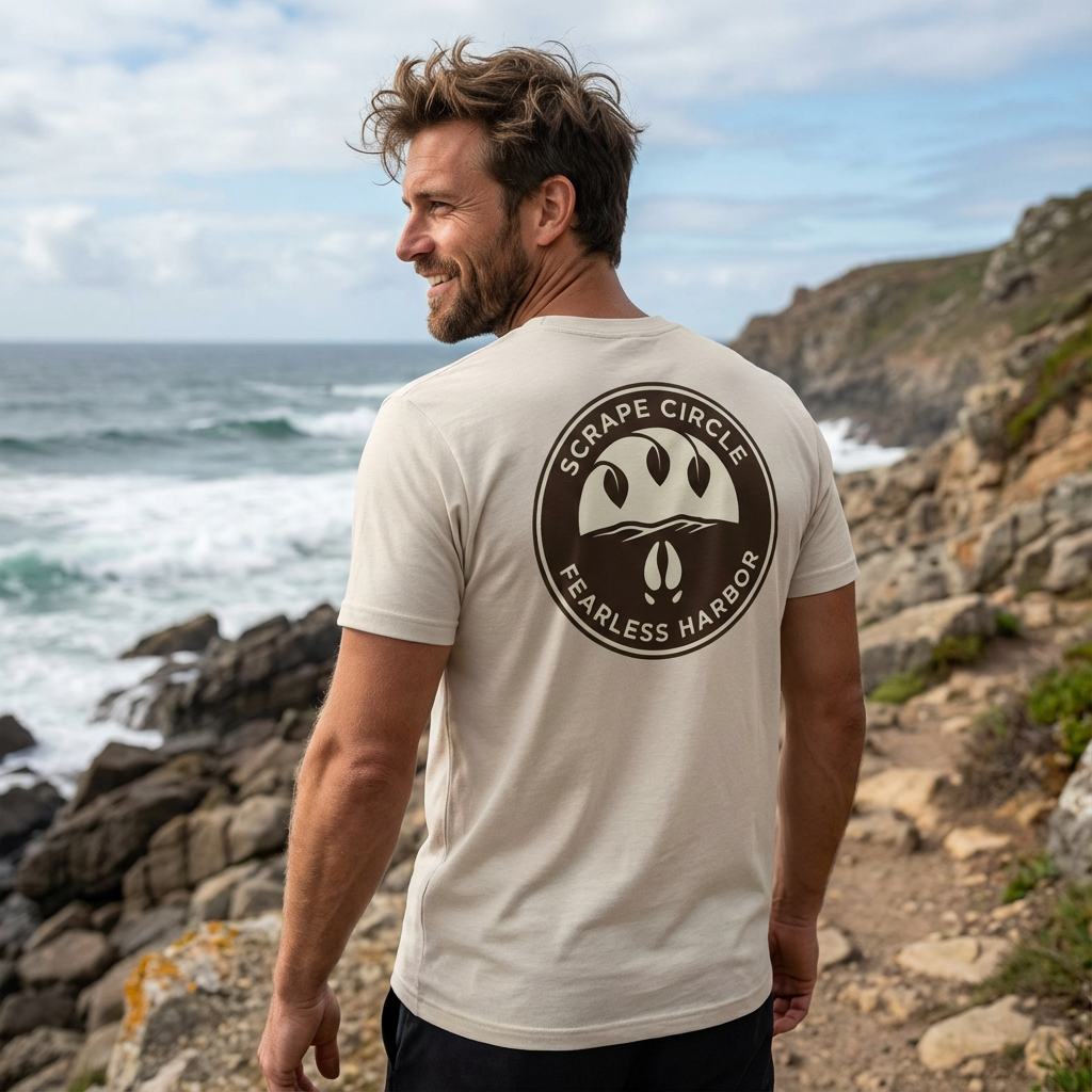 Man outdoors wearing the Men's Scrape Circle Whitetail Staple Tee in Heather Dust back view showing the full Scrape Circle graphic in an outdoor lifestyle, rocky ocean setting
