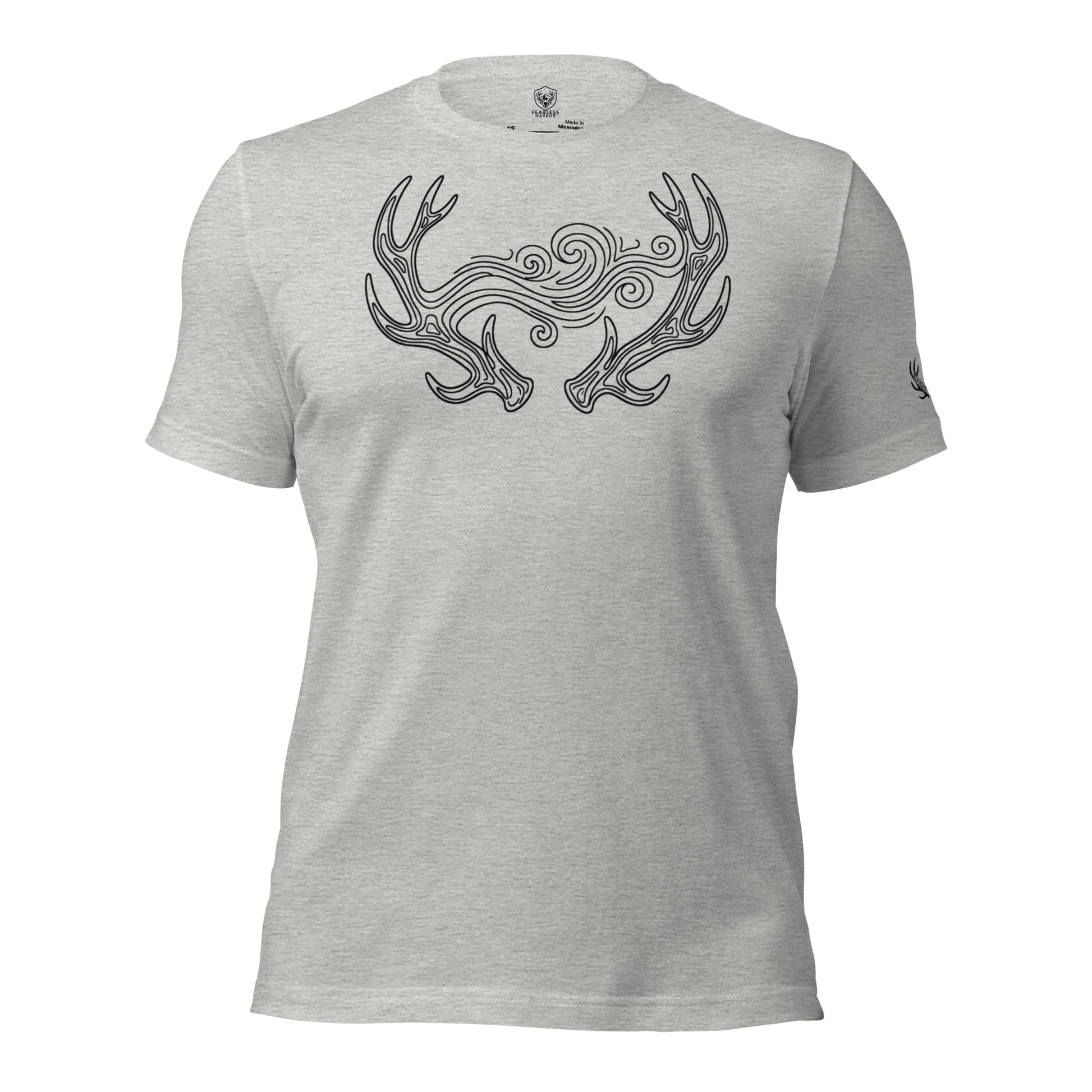 Front view of the Men's September Lines Elk Antler Tee in Athletic Heather with stylized elk antler and September wind line graphic
