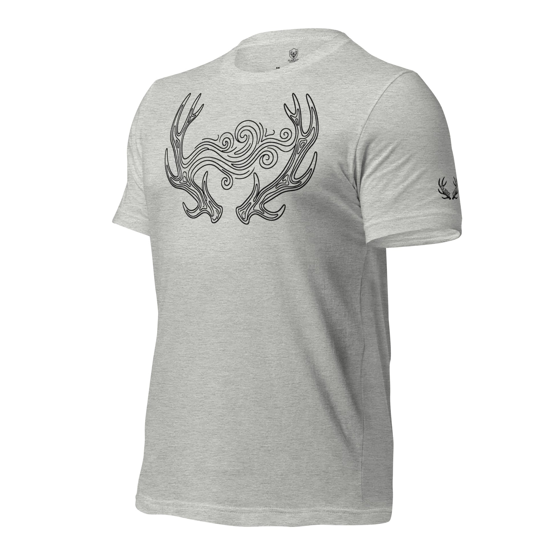 Side view of the Men's September Lines Elk Antler Tee in Athletic Heather showing the Fearless Harbor antler sleeve emblem