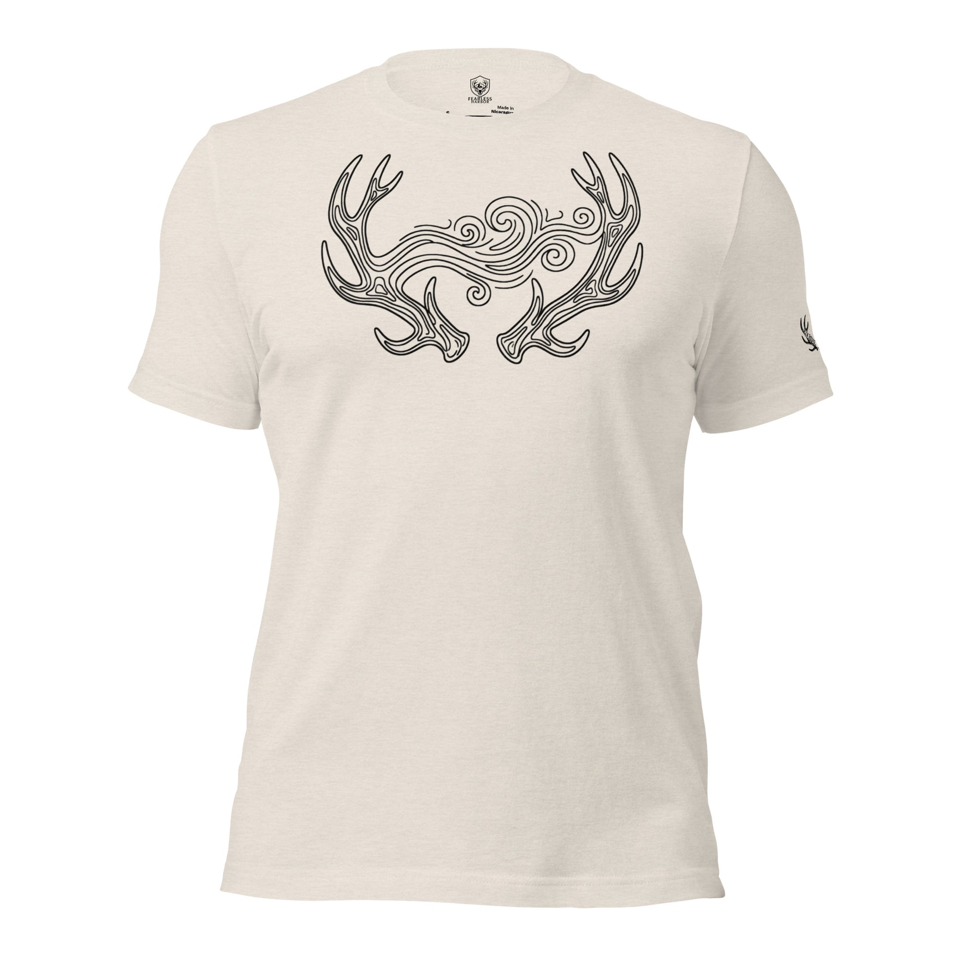 Front view of the Men's September Lines Elk Antler Tee in Heather Dust featuring the stylized elk antler with early season wind line design
