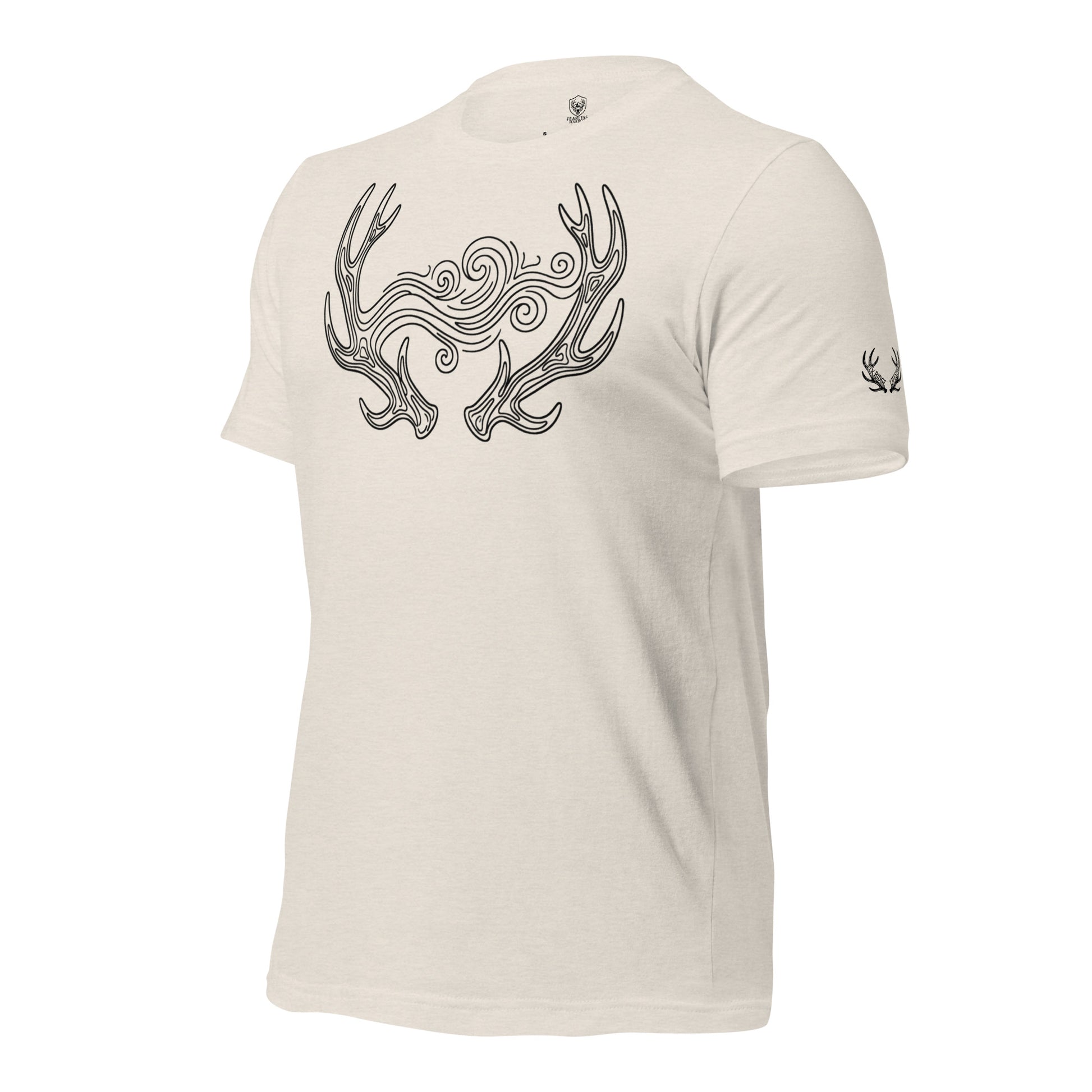 Side view of the Men's September Lines Elk Antler Tee in Heather Dust showing the Fearless Harbor antler sleeve emblem