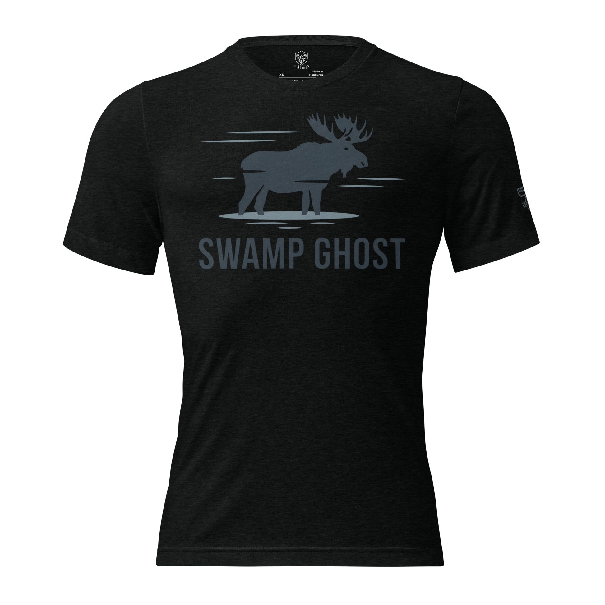 Front view of the Men's Swamp Ghost Triblend Tee in Solid Black Triblend with moose silhouette and Swamp Ghost graphic