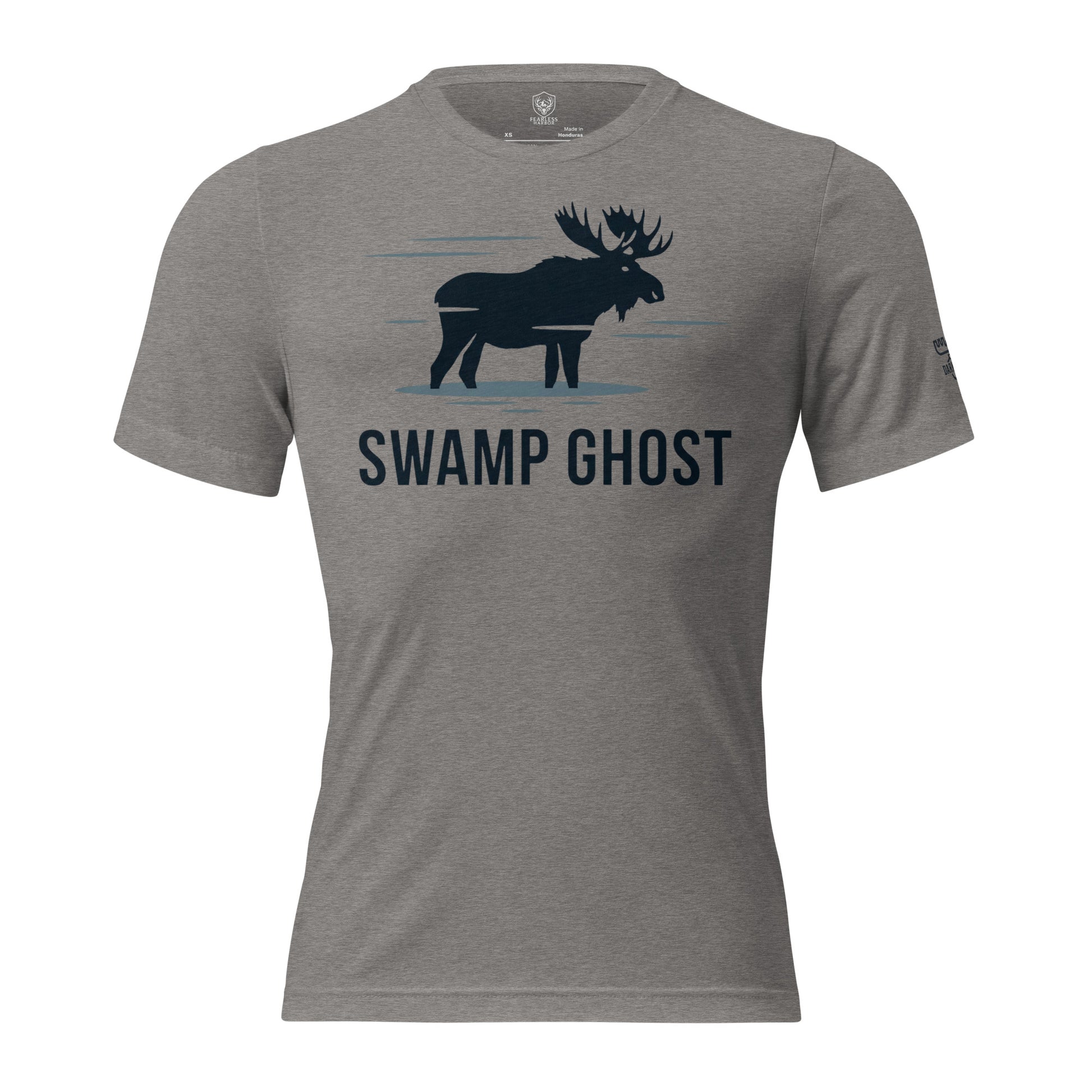 Front view of the Men's Swamp Ghost Triblend Tee in Grey Triblend with moose silhouette and Swamp Ghost graphic