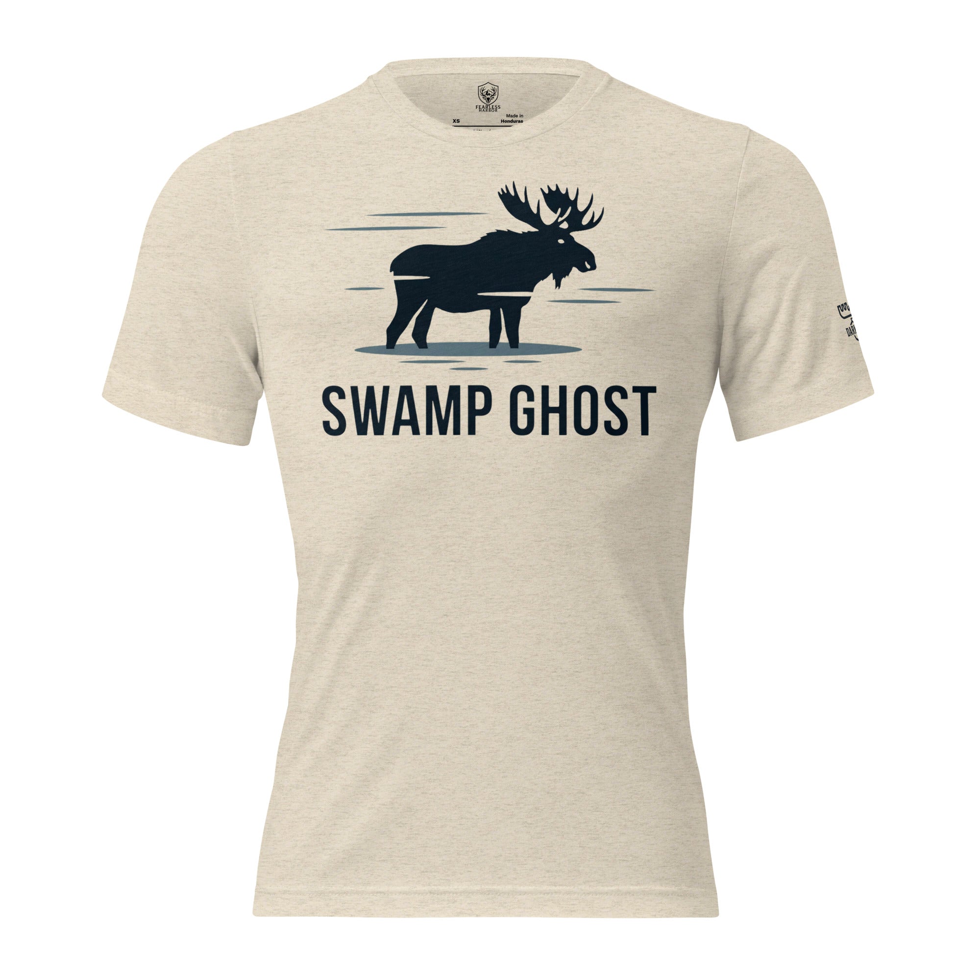 Front view of the Men's Swamp Ghost Triblend Tee in Oatmeal Triblend with Swamp Ghost moose graphic