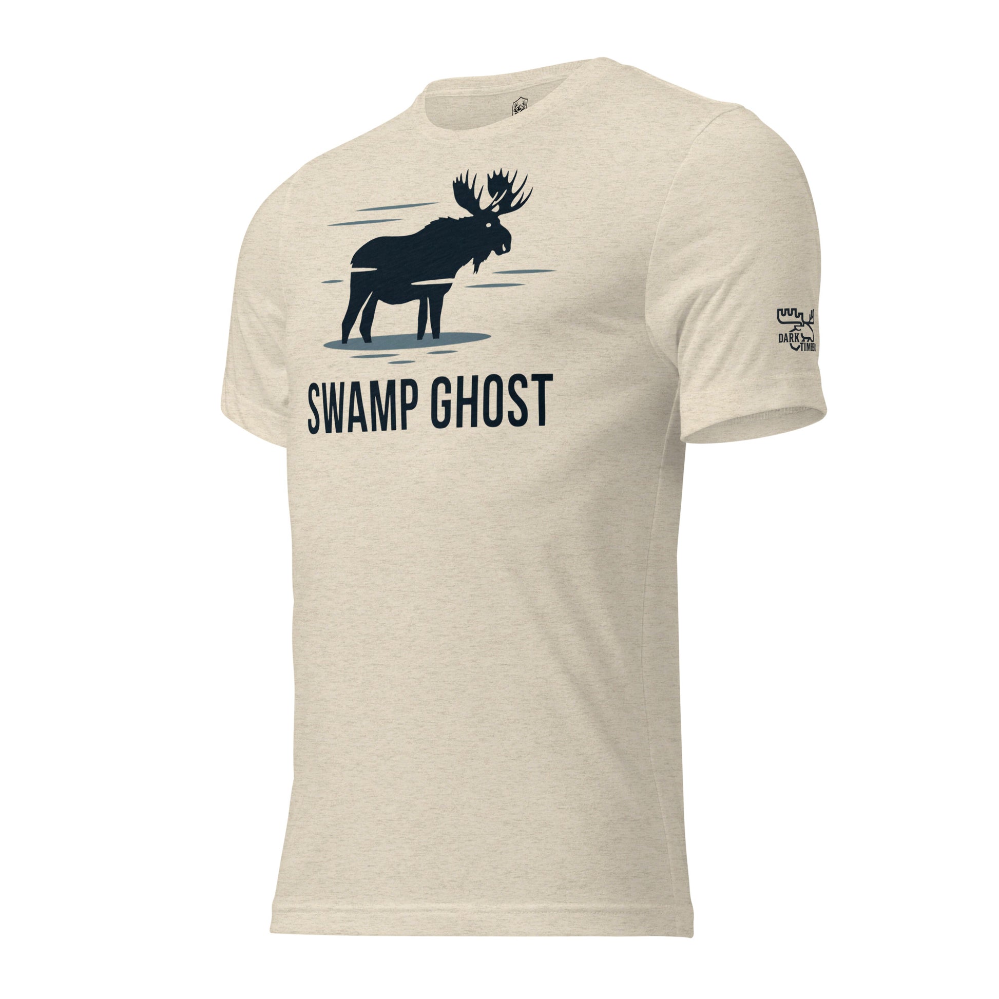 Side view of the Men's Swamp Ghost Triblend Tee in Oatmeal Triblend showing the Dark Timber arm emblem