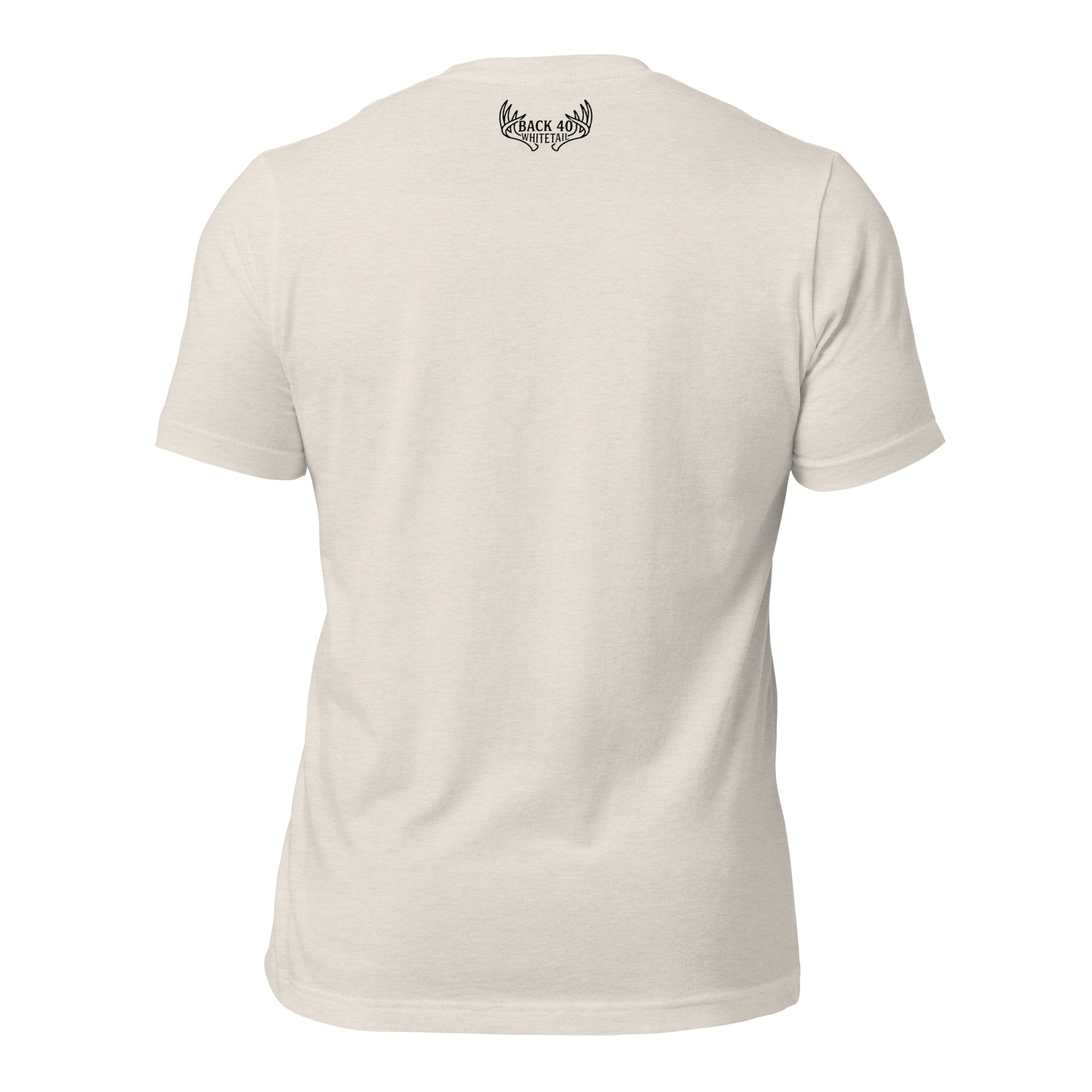 Back view of the Whitetail Ridgewalk Buck Tee in Heather Dust with subtle Fearless Harbor back-neck emblem