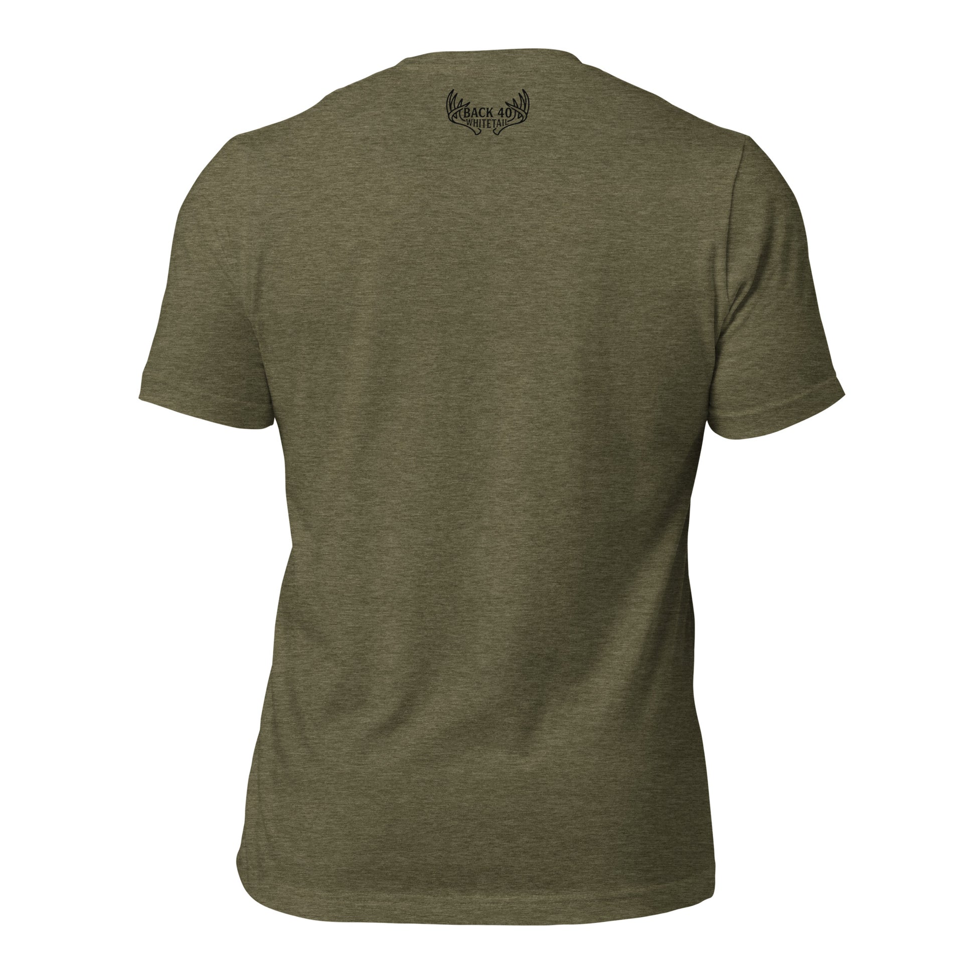 Back view of the Whitetail Ridgewalk Buck Tee in Heather Olive showing the minimal Fearless Harbor back-neck mark