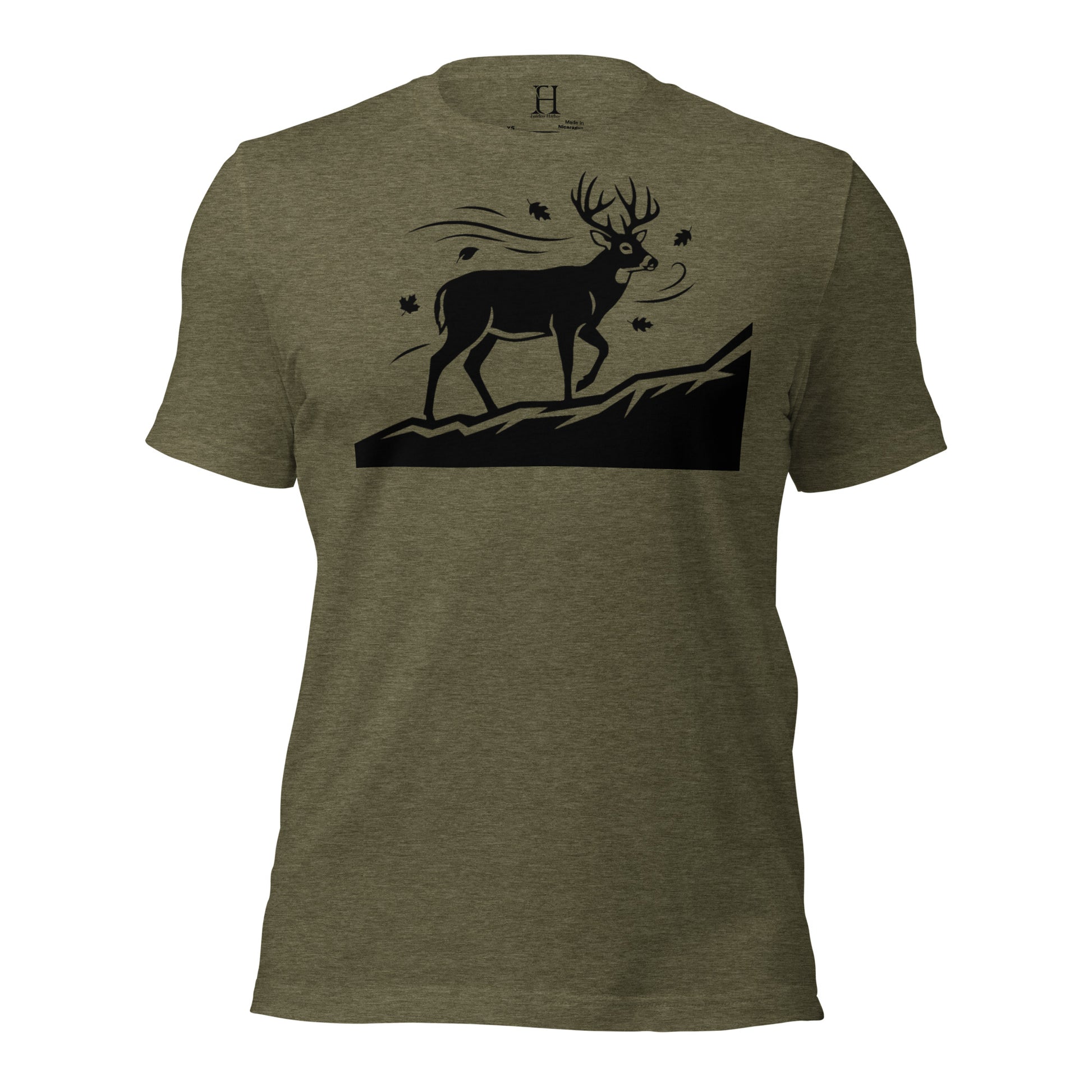 Front view of the Whitetail Ridgewalk Buck Tee in Heather Olive featuring the ridge-walking whitetail buck design