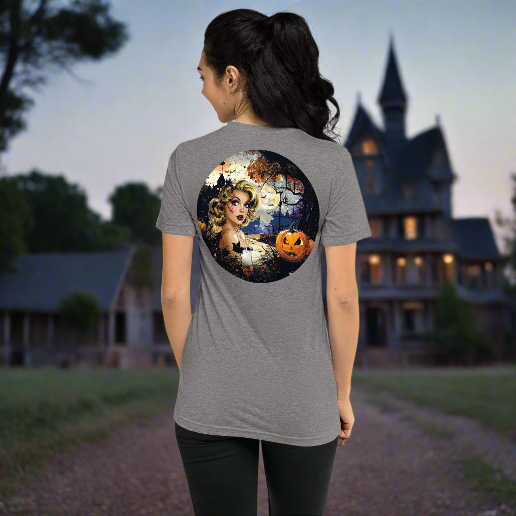 Back view of woman wearing Enchanted Night Siren Tee in Grey, featuring vintage haunted night design.