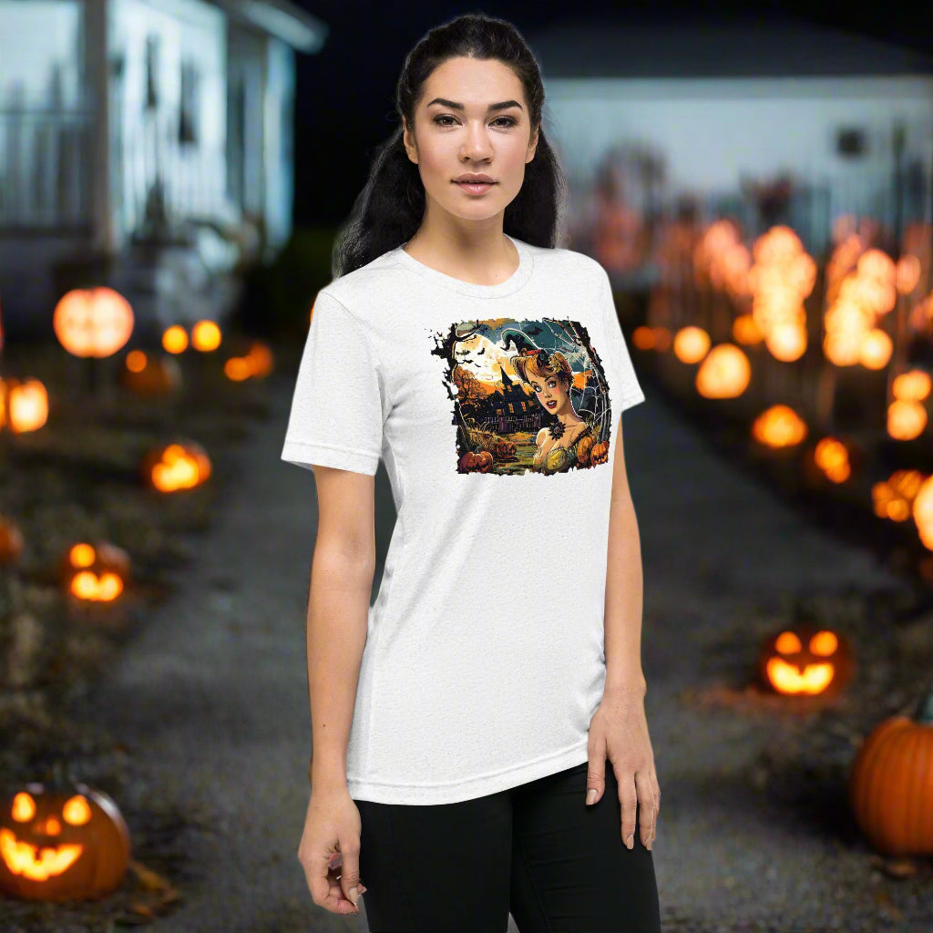 Front view of woman wearing Ghostly Dusk Enchantress T-Shirt in White, featuring vintage haunted dusk design.