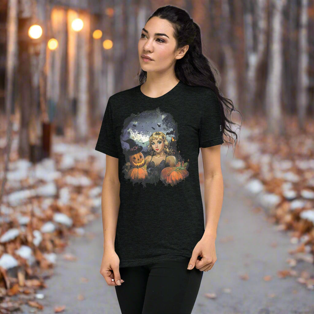 Front view of woman wearing Mystic Moonlit Siren Tee in Charcoal Black, featuring vintage haunted moonlit design for Halloween.