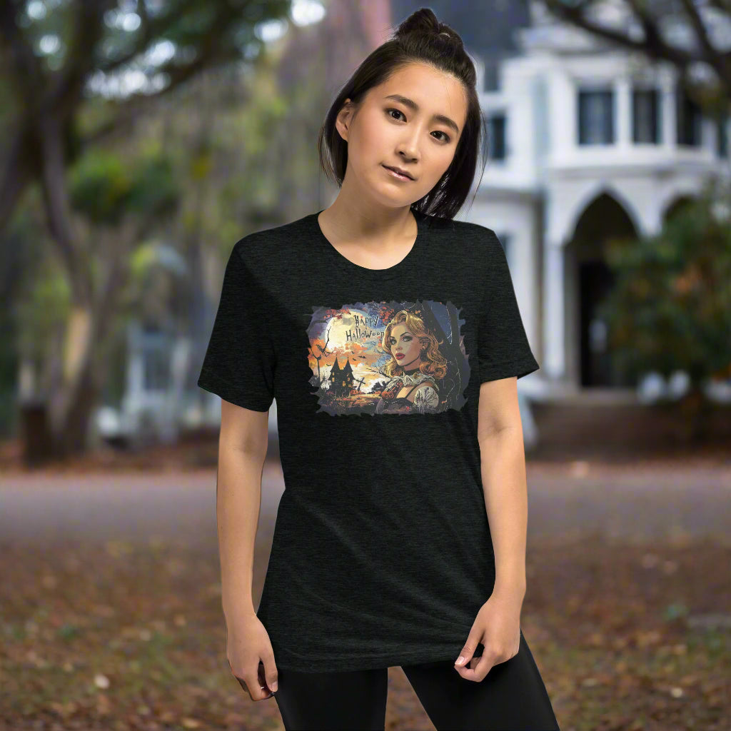 Front view of woman wearing Twilight Haunt Beauty Tee in Black, featuring vintage haunted twilight design for Halloween.